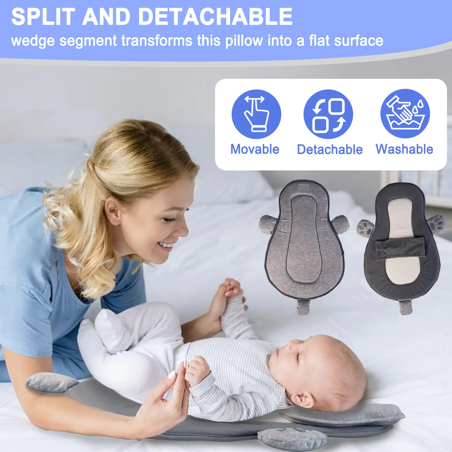 Almohada antialto para recién nacidos, cojín de soporte seguro desmontable para cunas, cochecito o uso en cama con almohada
