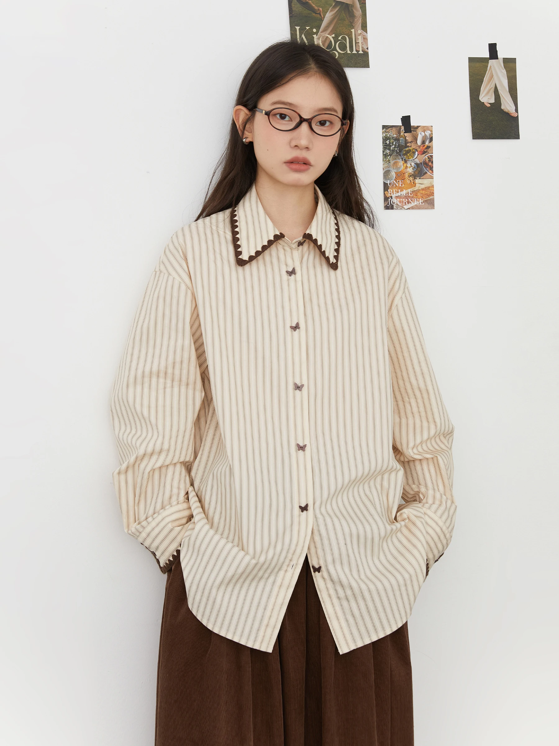 Camisa de Moda CHIC VEN para Mujer, Blusa Holgada a Rayas de Manga Larga, con Botones de Mariposa, de Algodón, para Otoño e Invierno 2026