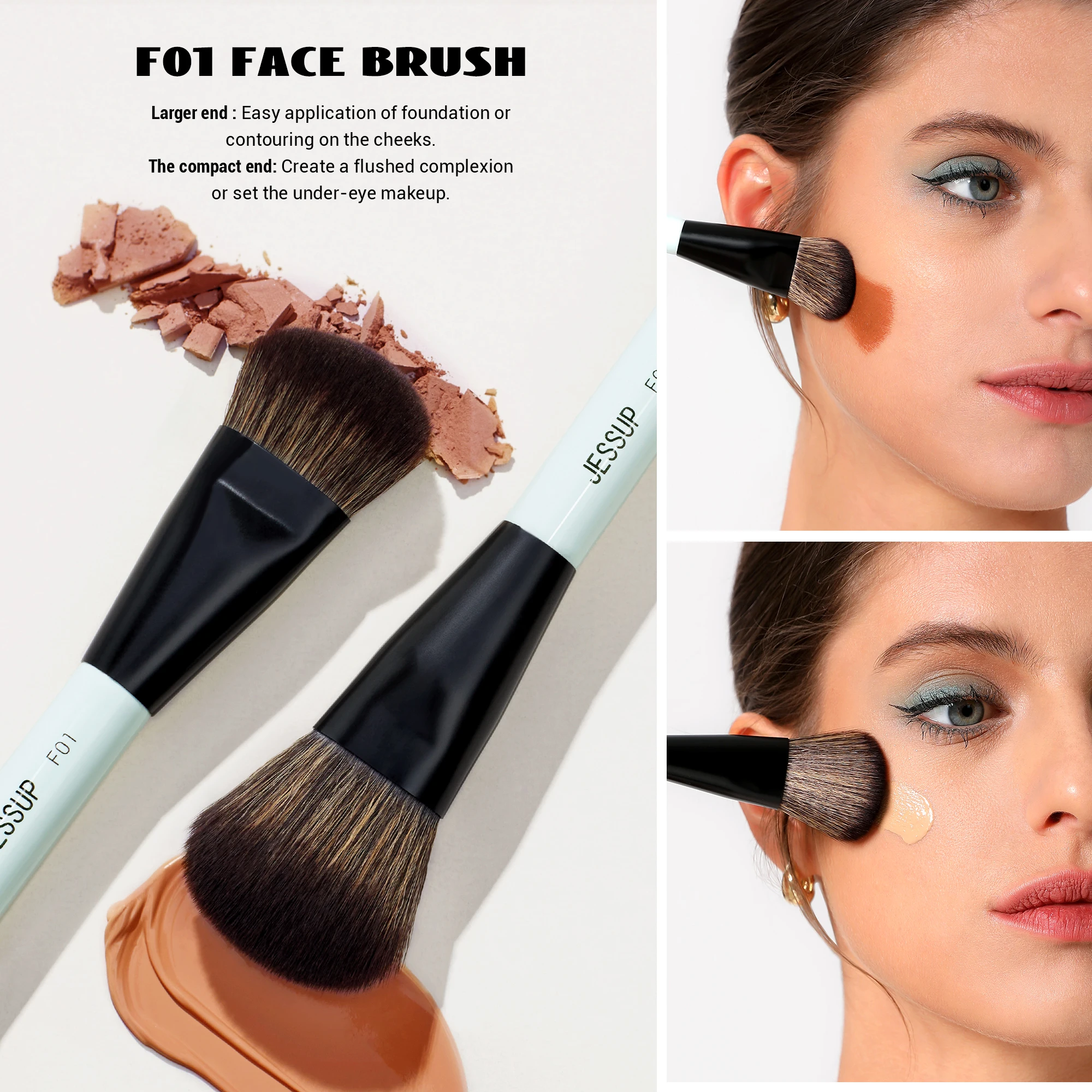 Jessup Juego de 2 brochas de maquillaje de doble cara, kit de brochas profesionales para base, contorno, colorete, sombra de ojos y difuminado T502