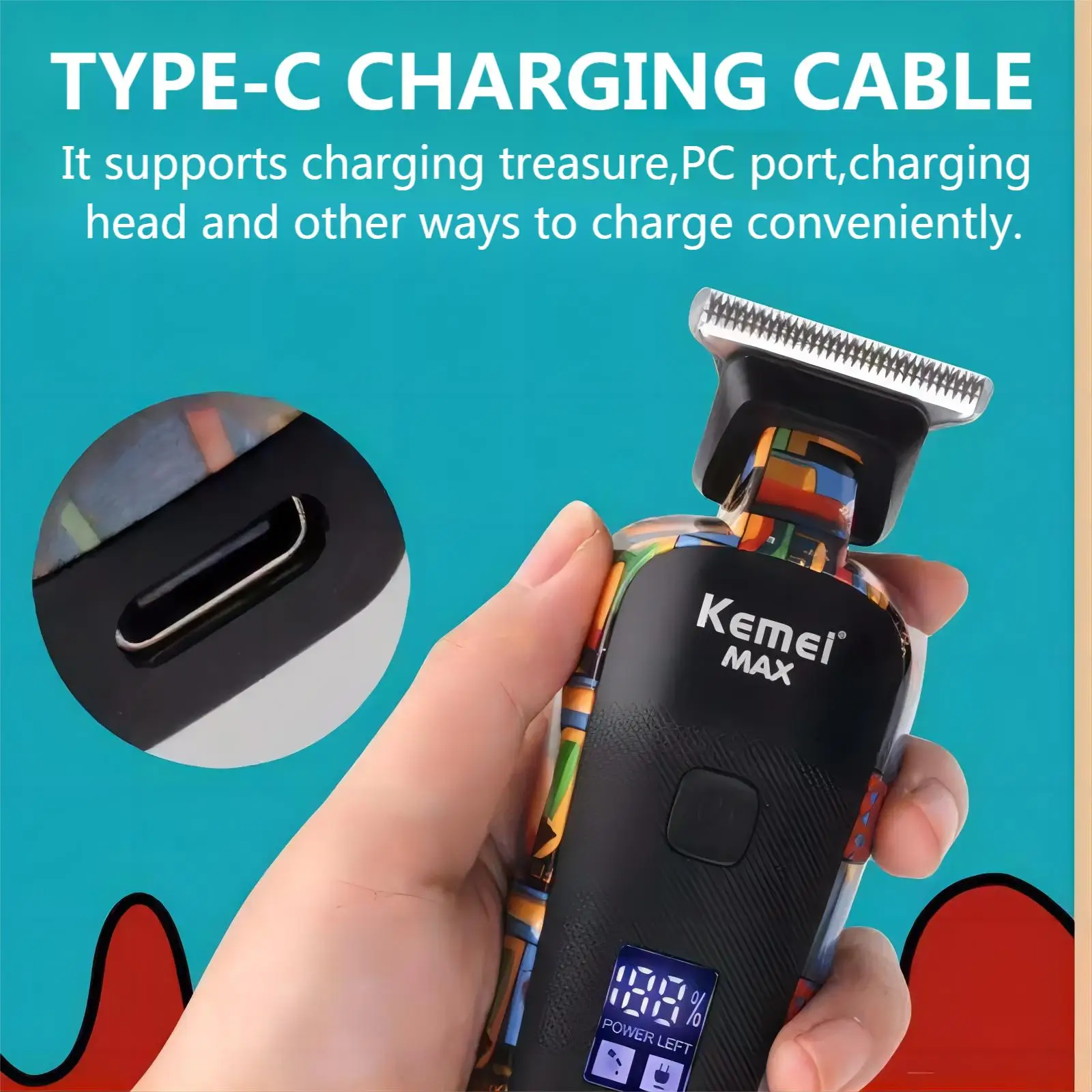 Cortadora de pelo Kemei-5090 con pantalla Digital, empujador de peluquero profesional para hombres, cortadora de pelo eléctrica con patrón de grafiti aleatorio