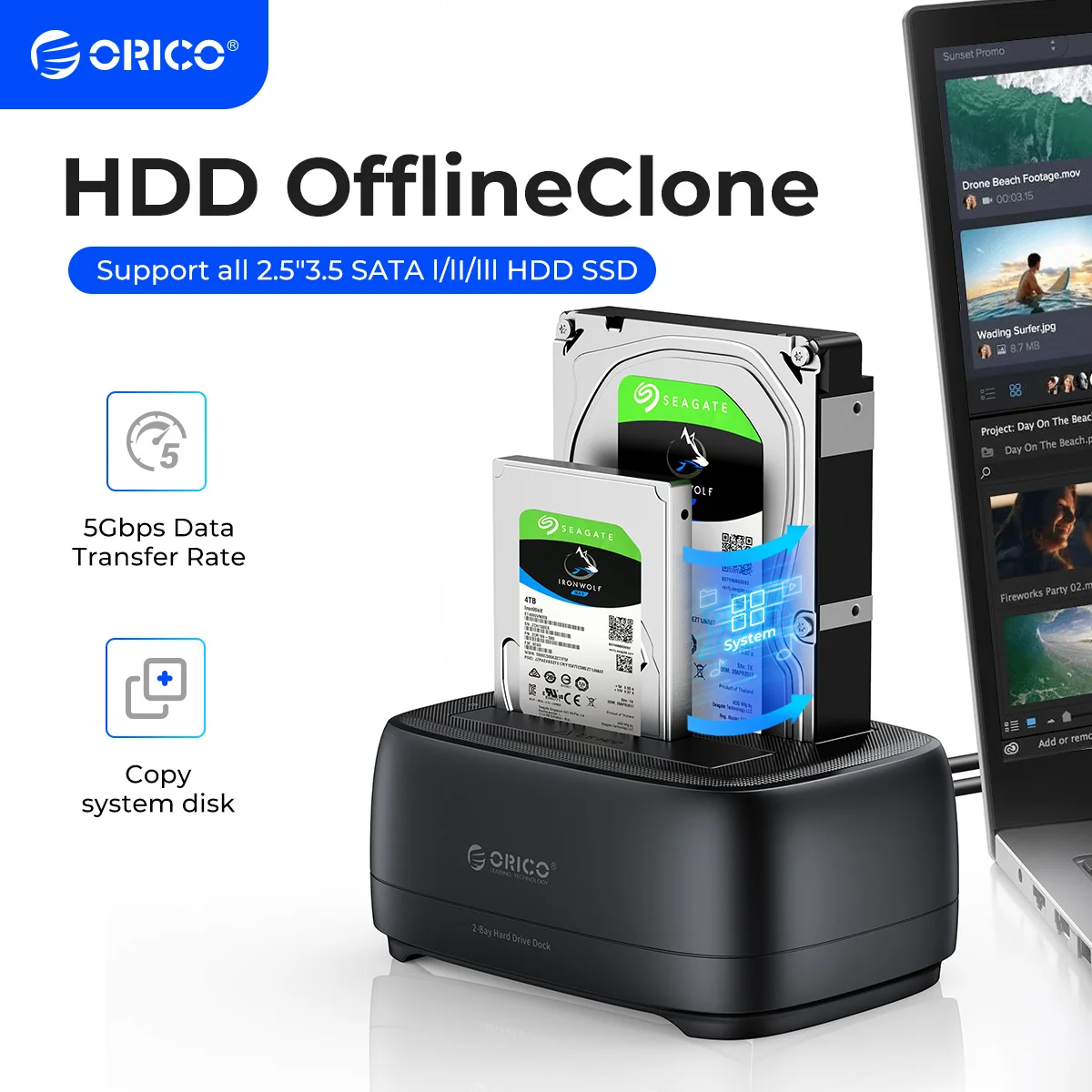 ORICO Estación de acoplamiento de disco duro clon sin conexión USB3.0 y tipo C Caja de disco duro de doble bahía de 5 Gbps HDD/SSD de 2,5/3,5 pulgadas