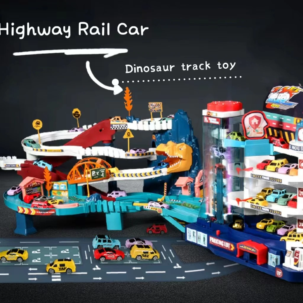 Coche ferroviario eléctrico, edificio de dinosaurios, estacionamiento, coche ferroviario de carreras de aventura, juguetes para niños, coches ferroviarios interactivos mecánicos cerebrales
