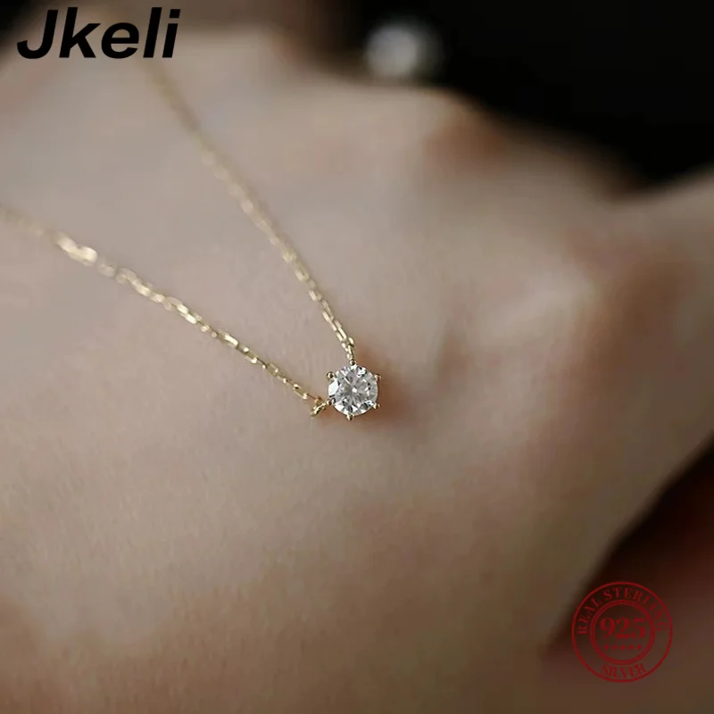 Jkeli-collar chapado en oro de 18k para mujer, de Plata de Ley 925, cadena de clavícula de circón brillante individual, joyería de boda