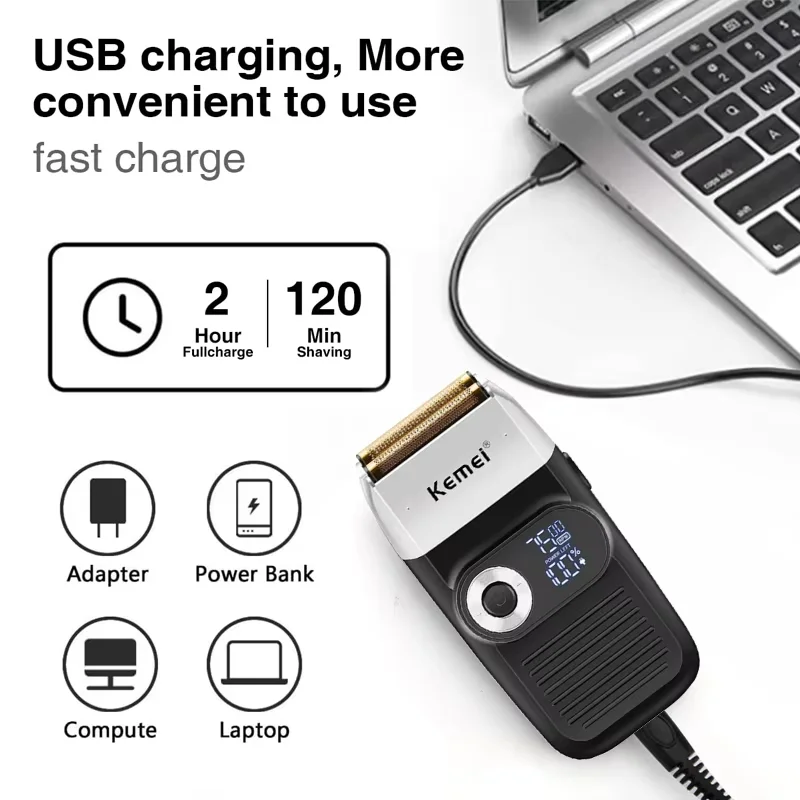 Kemei KM-2026 KM-2027 Afeitadora eléctrica recargable 2 en 1 Afeitadora alternante LCD para hombres Recortadora de barba con carga USB