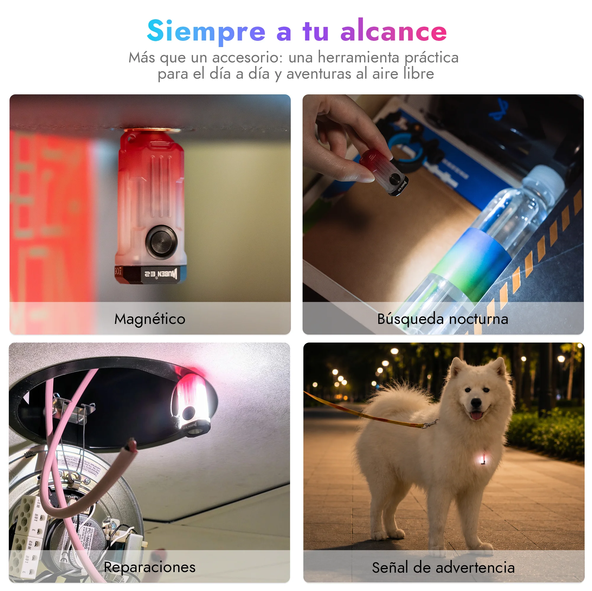 Linterna Wuben E2 EDC ultraligera con luz estroboscópica, linterna de cuello, mini linterna recargable para llavero, IP66, luz de bolsillo para camping