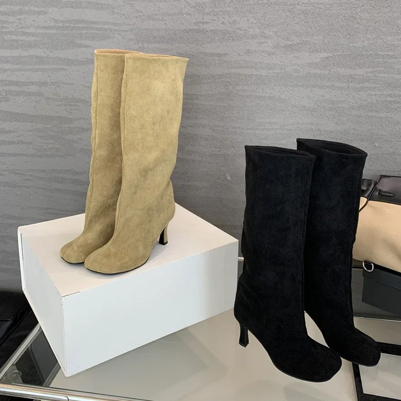 Botas hasta la rodilla con punta redonda estilo callejero para Mujer, Zapatos Punk finos De tacón alto, botines largos para Mujer, Invierno