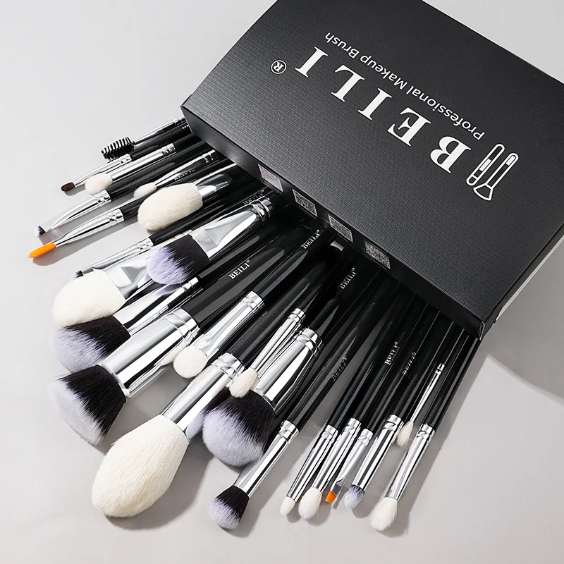 Juego de Brochas de Maquillaje Profesionales Negras BEILI, Pelo Natural de Cabra, Brochas para Base, Contorno y Sombra de Ojos, Herramientas de Belleza para una Aplicación Perfecta