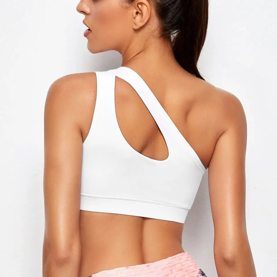 Sujetador deportivo para mujer, sujetadores de realce para Fitness, sujetador de Yoga a prueba de golpes con un hombro, sujetador para correr y Yoga blanco y negro, chaleco Sexy