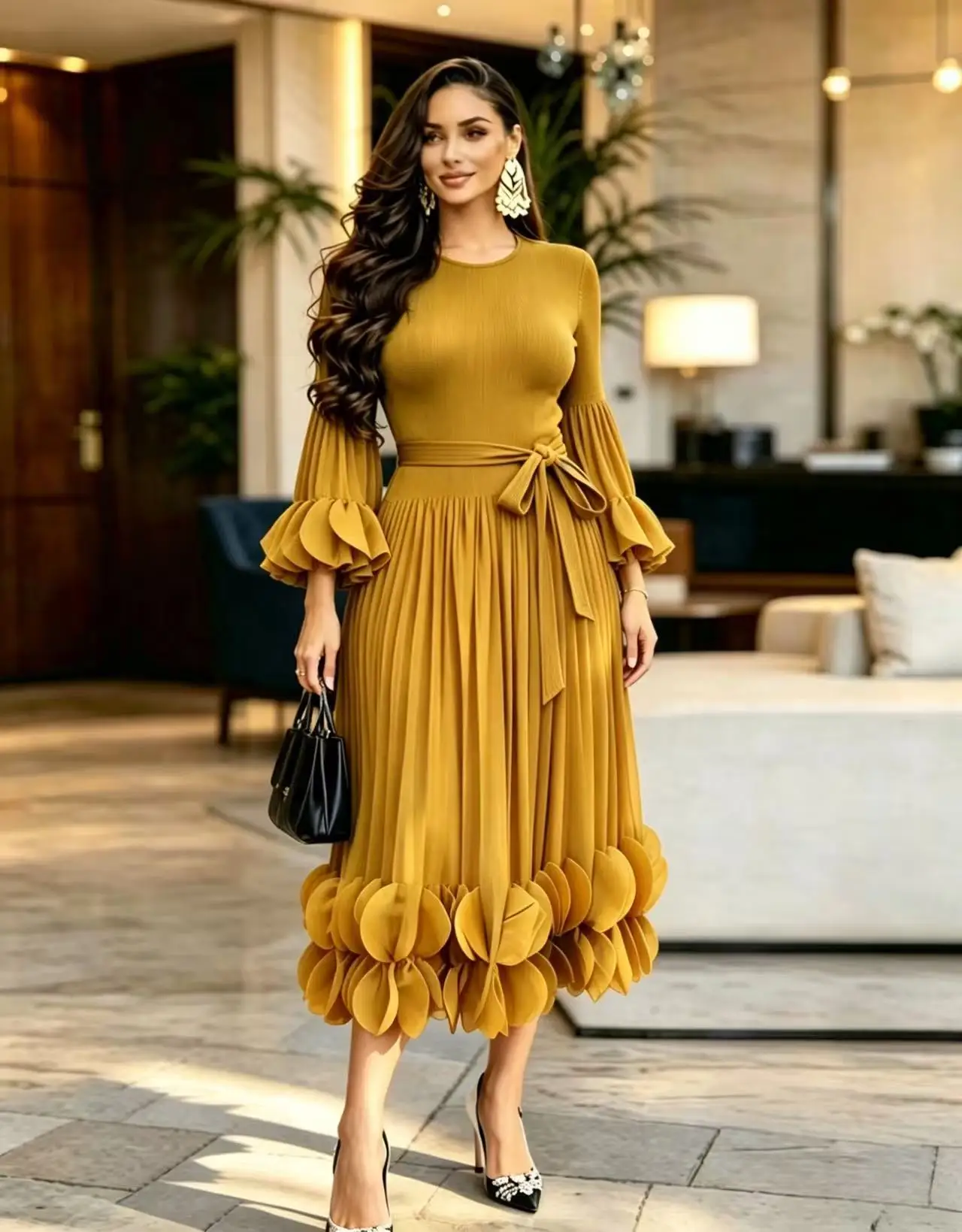 Vestido Largo de Verano para Mujer 2026 Miyake, de Lujo Ligero y Alta Gama, con Cuello Redondo, Diseño Plisado con Volantes y Borde Elegante