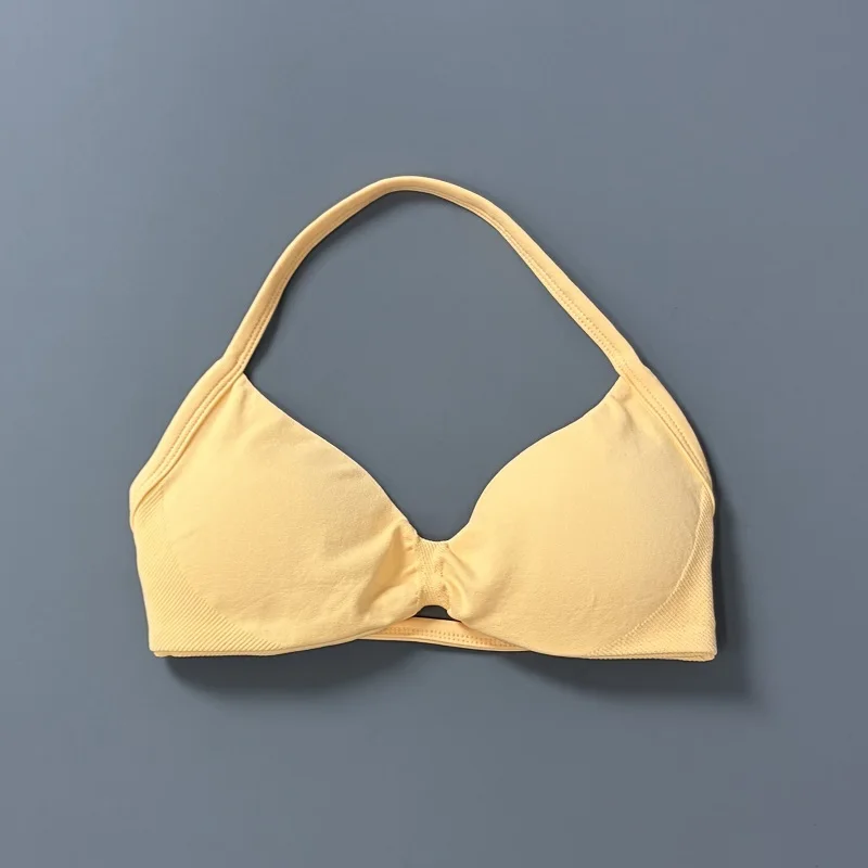 Sujetador deportivo con tirantes para mujer, top de gimnasio de alto soporte, tirantes finos, sin costuras, estilo halter, sujetadores deportivos con efecto fruncido para entrenamiento y yoga, con almohadillas