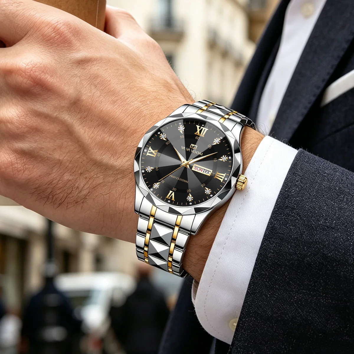 Reloj de negocios de acero inoxidable para hombre, cronógrafo de lujo con brillo nocturno, doble Calendario, movimiento de cuarzo, 41mm, oro azul