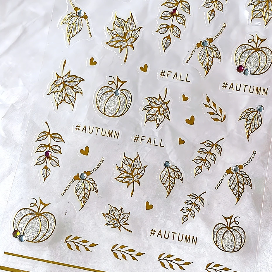2 Piezas de Adhesivos Dorados para Uñas con Diseño de Hojas de Arce y Calabaza, Decoración Brillante para Uñas, Mini Hojas de Corazón para Otoño, Accesorios de Manicura