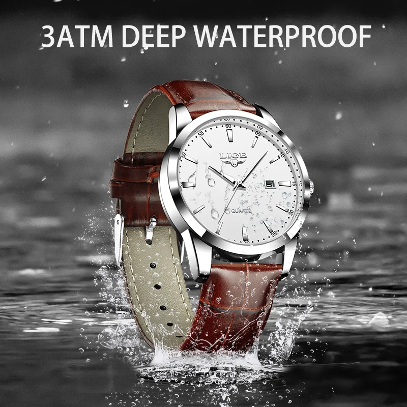 Reloj LIGE para Hombre, correa de cuero de moda, relojes para Hombre, deporte militar, calendario resistente al agua, relojes de pulsera de cuarzo, Reloj para Hombre