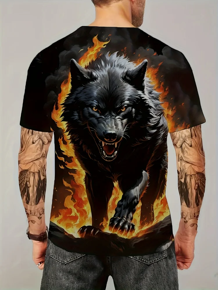 Camiseta con estampado gráfico de lobo de fuego en 3D para hombre, camiseta informal de gran tamaño para verano, ropa de manga corta para Fitness a la moda para hombre