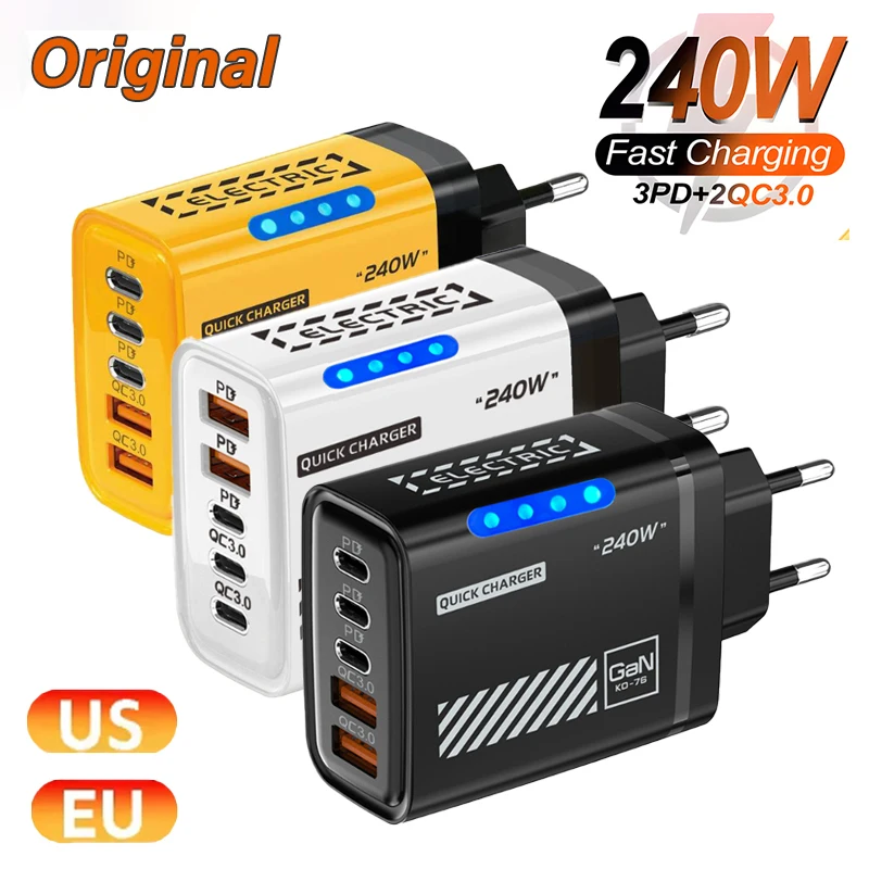 Xiaomi 240W GaN cargador rápido de teléfono 5 puertos 3USB 2PD carga rápida QC 3,0 adaptador de cargador de pared para iPhone Samsung Xiaomi EE. UU. UE