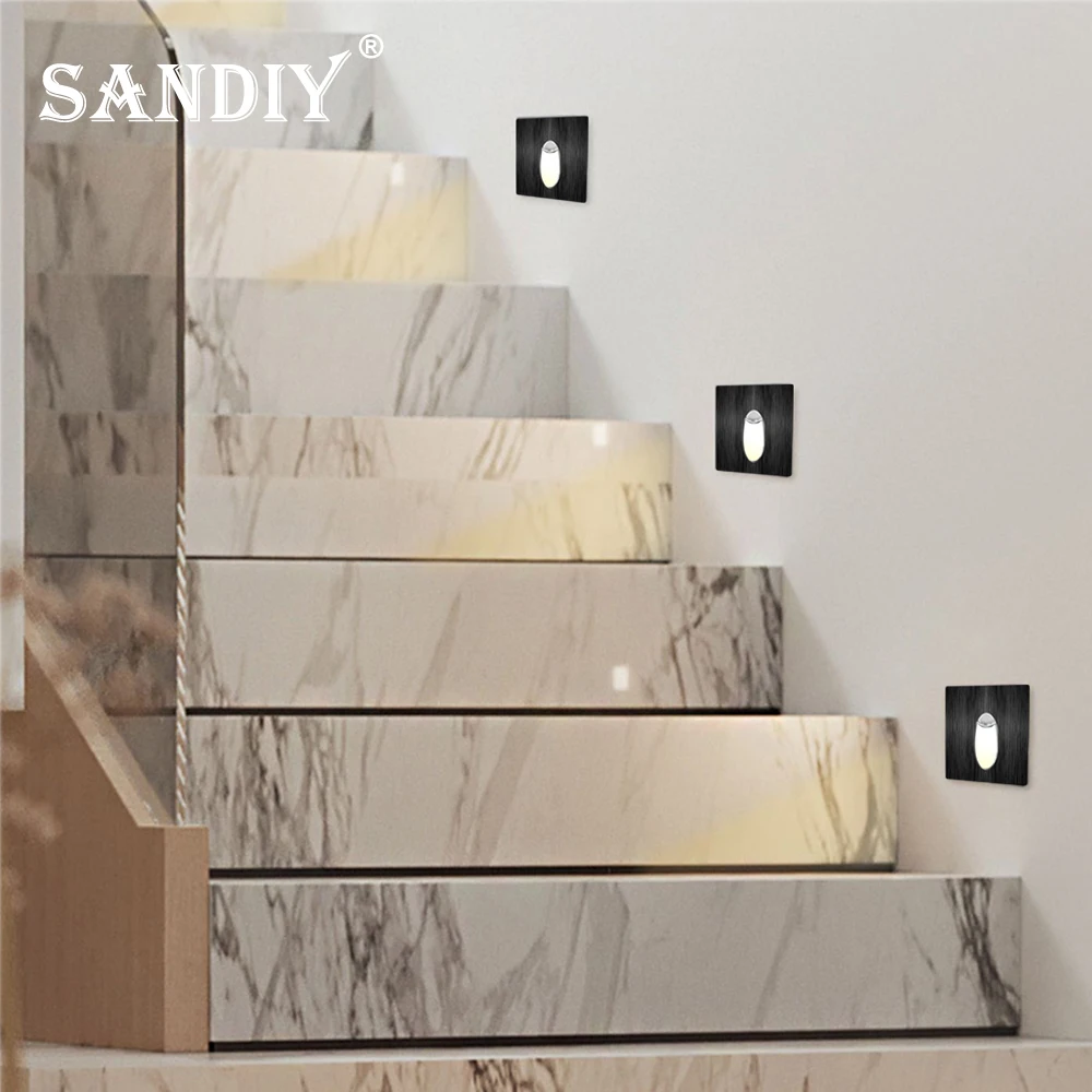 SANDIY Lámpara empotrada de pared Led Luz de escalera Luz de escalera interior Luces de noche de aluminio con caja de montaje para baño Dormitorio Pasillo Escalera Cocina 220V/DC12V Accesorio de iluminación interior