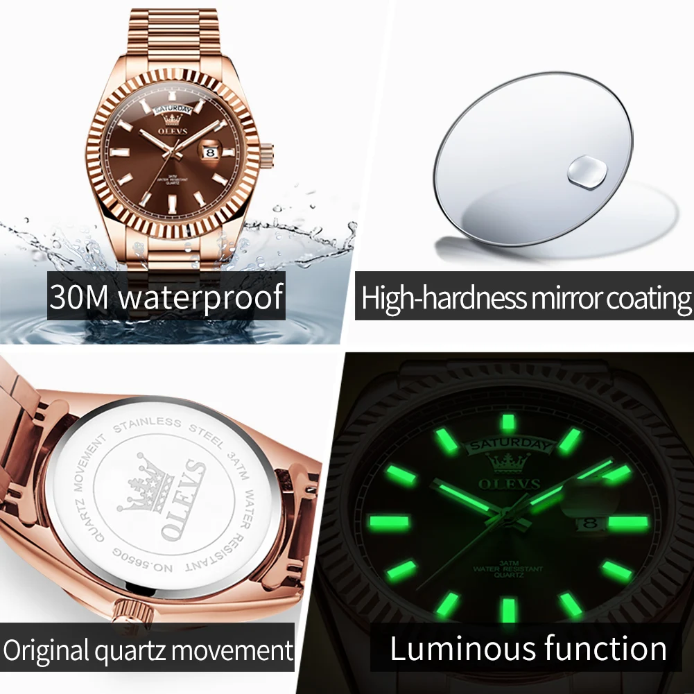 Reloj OLEVS para hombre, reloj de pulsera de lujo de marca superior para hombre, reloj resistente al agua de acero inoxidable de oro rosa a la moda, reloj de cuarzo con fecha y día