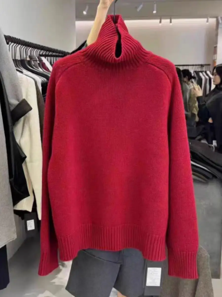 Suéter de lana de cuello alto para mujer, jersey de Cachemira holgado informal de manga larga, Top básico de moda de punto, jersey de calidad cálida de gran tamaño
