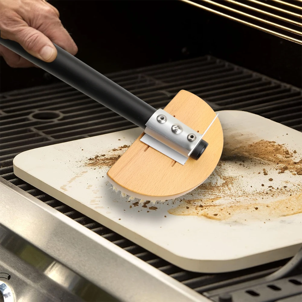 Cepillo para horno de Pizza, cepillo para estufa de cobre, cerdas de latón, mango largo de madera, cepillo para horno de limpieza para horno pequeño, herramienta de cocina