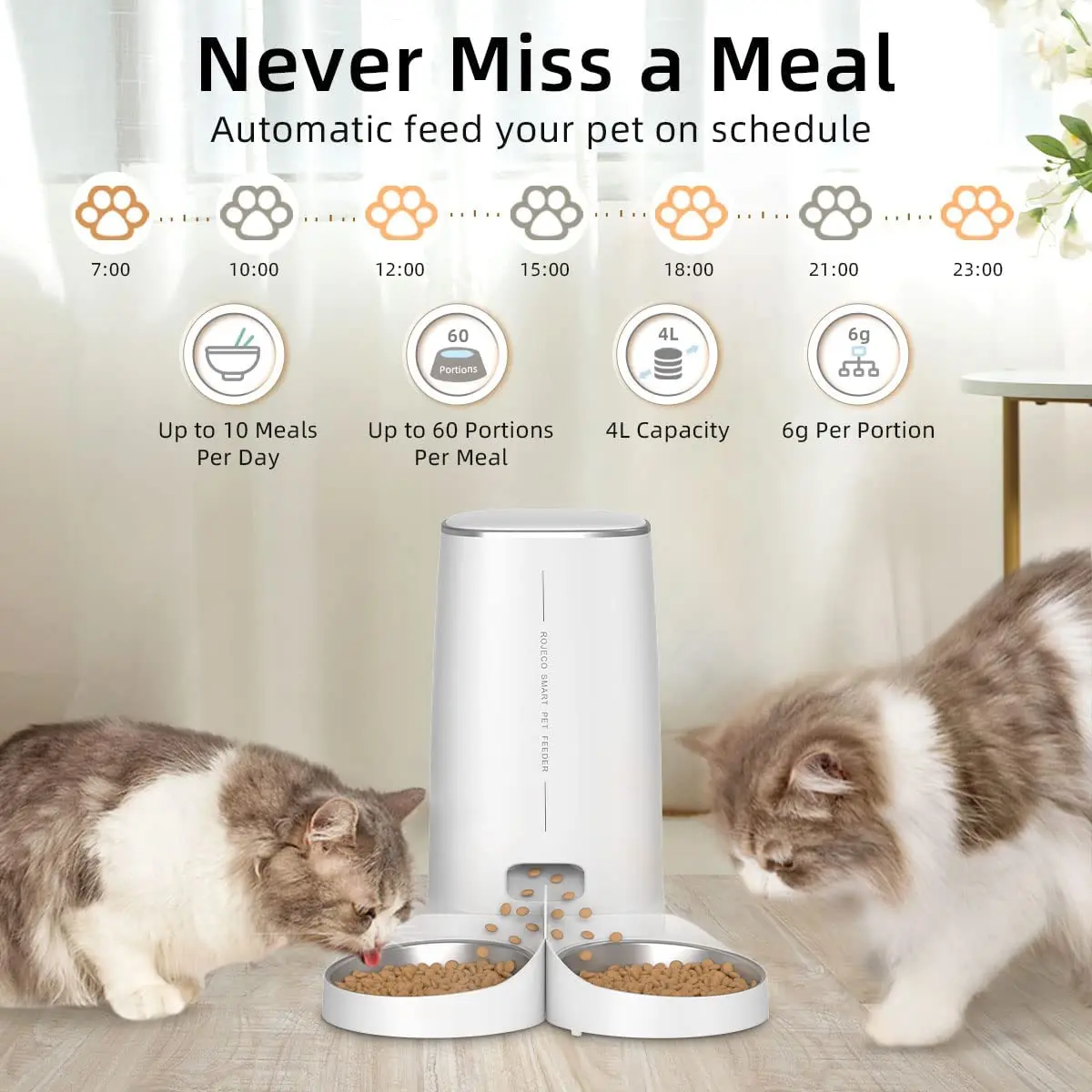 ROJECO-comedero automático para gatos, dispensador inteligente de comida para gatos, con Control remoto, WiFi, doble alimentador para gatos y perros, accesorios