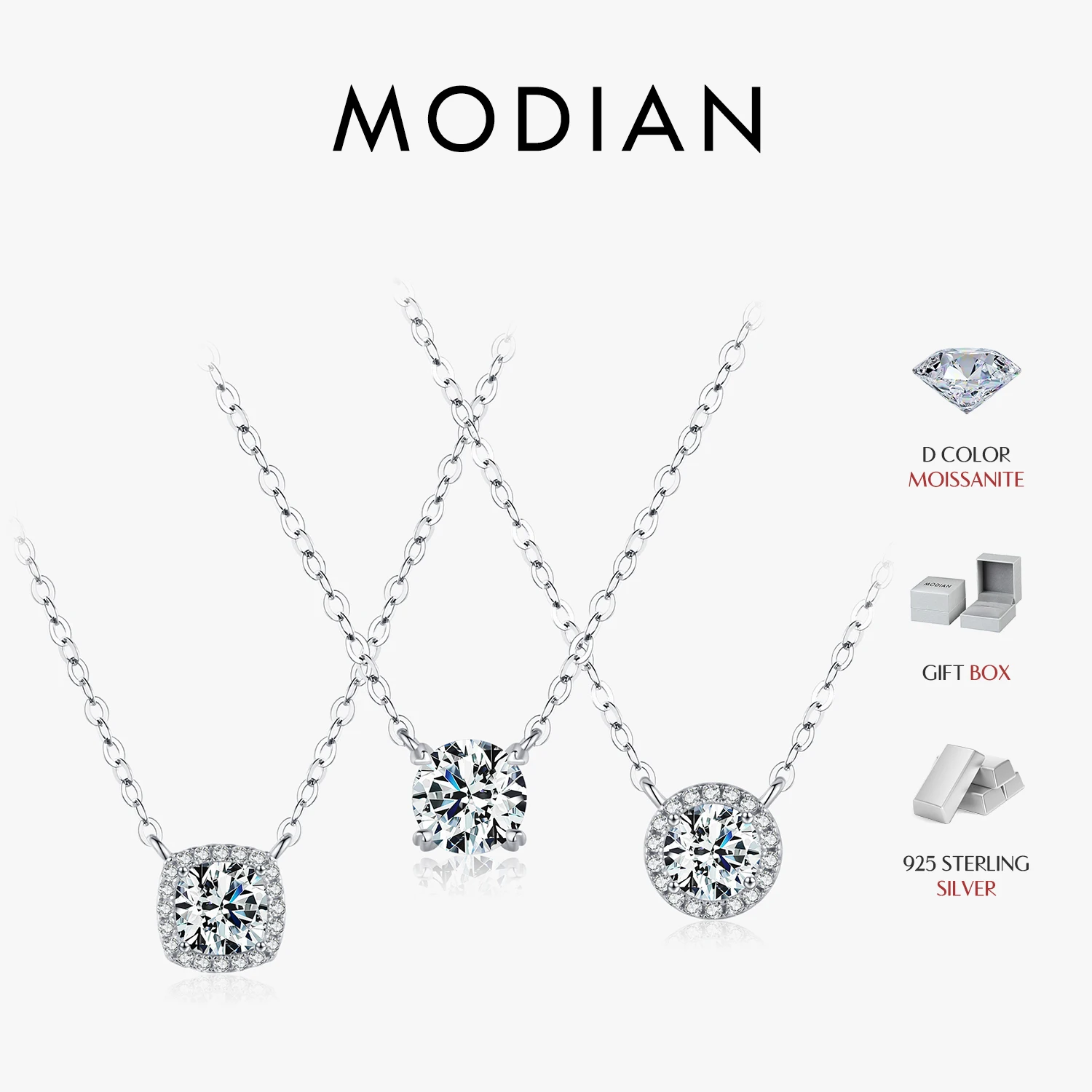 MODIAN cuadrado y redondo Halo Moissanite 925 collar con colgante de plata esterlina Color D VVS1 collar de diamantes de laboratorio para joyería de mujer