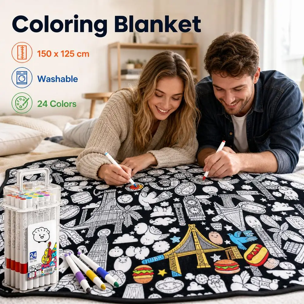 Manta para colorear DIY con 24 marcadores acrílicos de colores, diseño floral, manta de tela para pintar, para decoración de sofá, dormitorio, regalo.