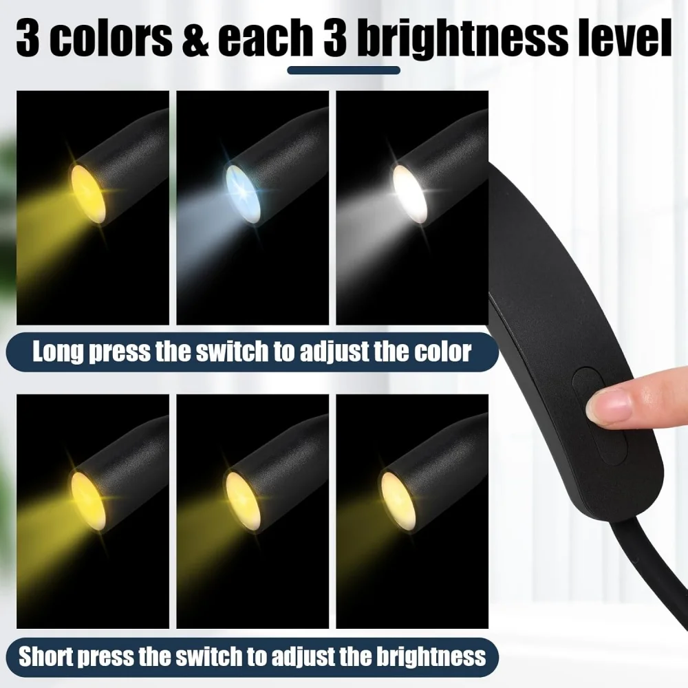 Luces de lectura LED recargables para el cuello, luz para el cuello para lámpara de lectura, 3 colores, 9 brillos, luz Flexible para el cuello y el brazo, luz para leer libros