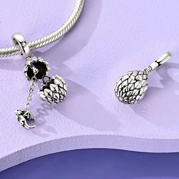 Abalorio Abrible de Plata de Ley 925 con Forma de Huevo de Dragón, Compatible con Pulseras Originales, Abalorio de Plata 925 para Mujer