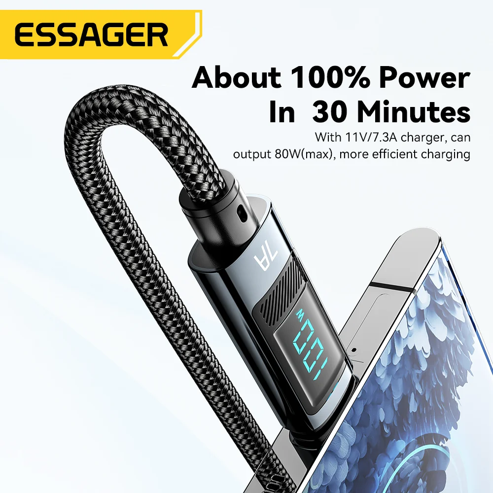 Essager 7A USB tipo C Cable 100W USB C cargador de datos para Realme Huawei P40 30 Pro 66W Cable de carga rápida Samsung Xiaomi Poco