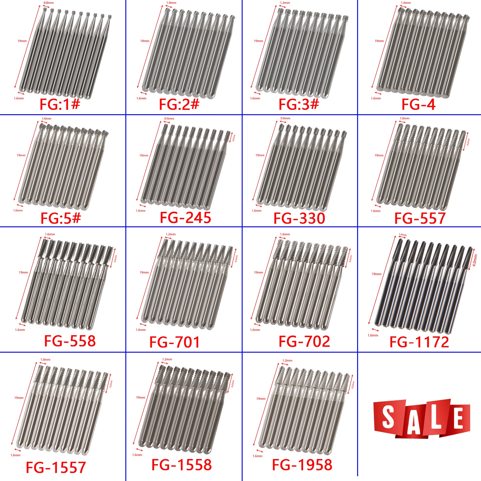 Paquete de fresas dentales de acero de carburo de tungsteno FG/Endo/FGXL/RA para pieza de mano de alta/baja velocidad, laboratorio de dentista de acero de tungsteno y uso clínico, 1 paquete