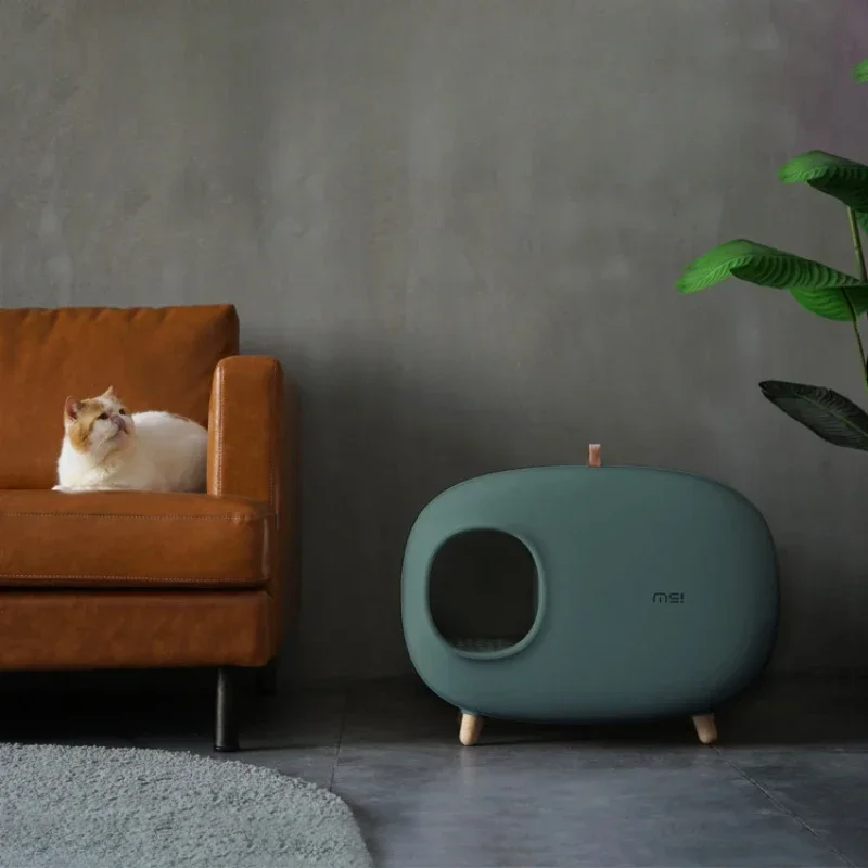 Caja de arena para gatos con forma de Mochi, caja de arena para gatos completamente cerrada, inodoro para gatos, suministros para mascotas, muebles para mascotas de estilo de Color sólido