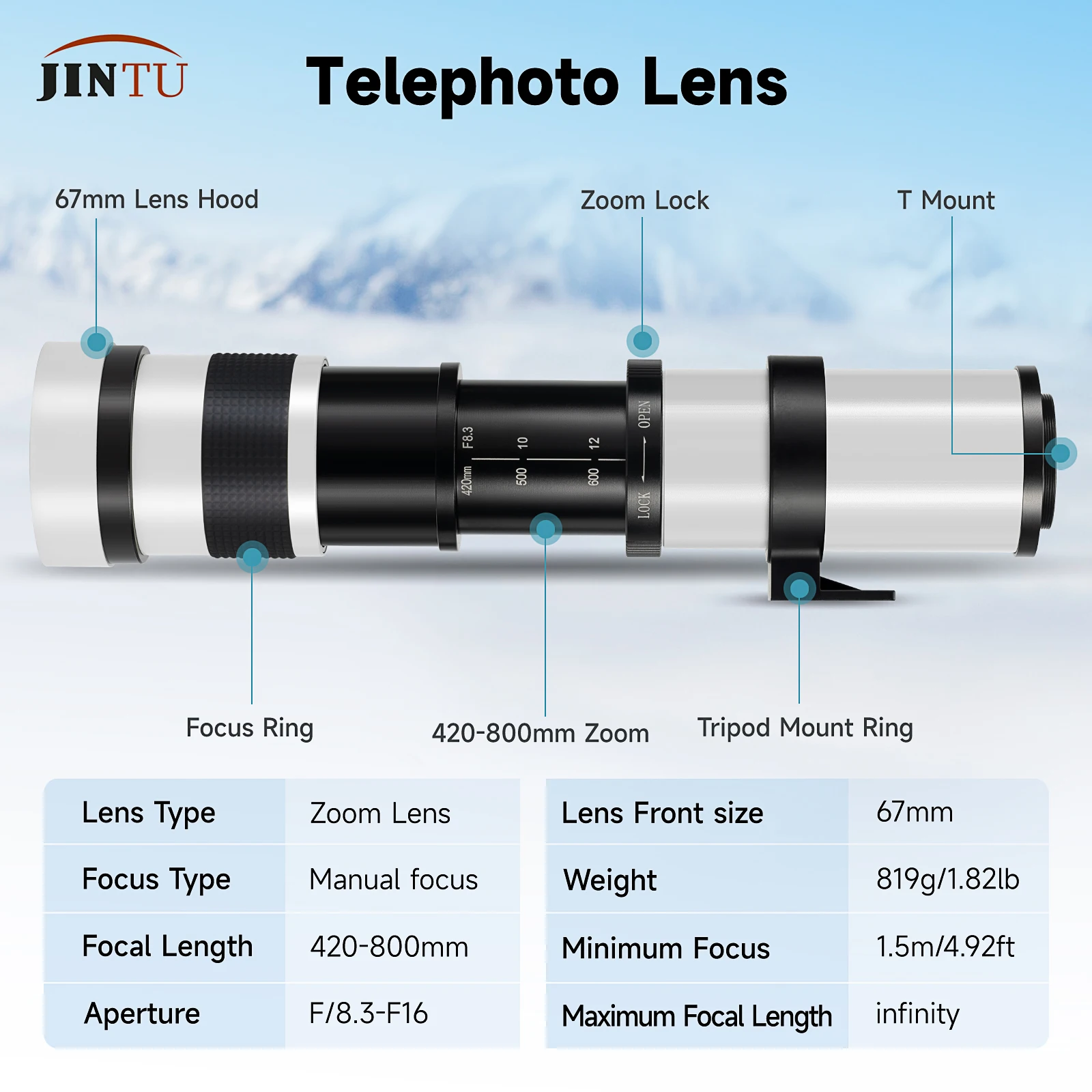 JINTU 420-800 mm F/8.3 Super teleobjetivo compatible con cámaras Canon NIKON SONY PENTAX M4/3
