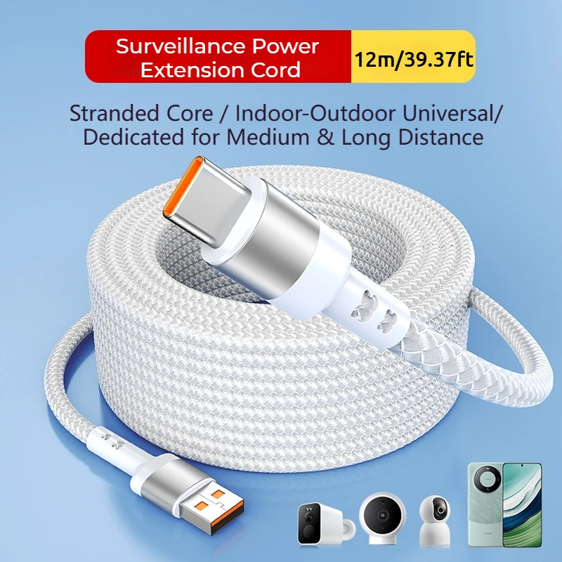 Cable de Carga Tipo-C Trenzado Extra Largo, Apto para Cámaras de Coche, Impresoras y Cables de Extensión USB, Cable de Datos de 3m, 5m, 8m, 12m