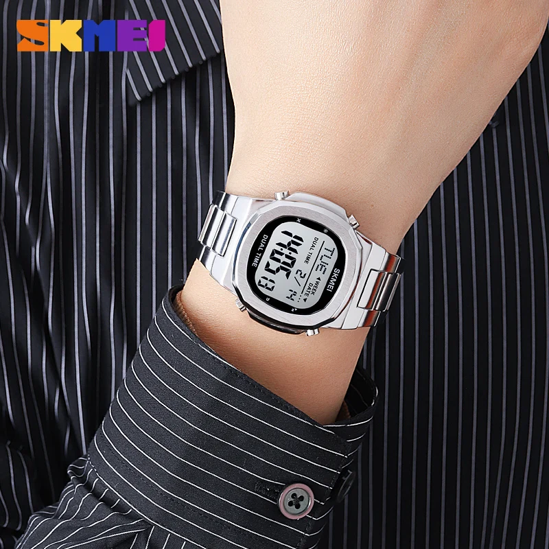 SKMEI 2004 Reloj Digital de lujo para Hombre, calendario deportivo, relojes de pulsera electrónicos impermeables de acero para Hombre, Reloj despertador Led para Hombre