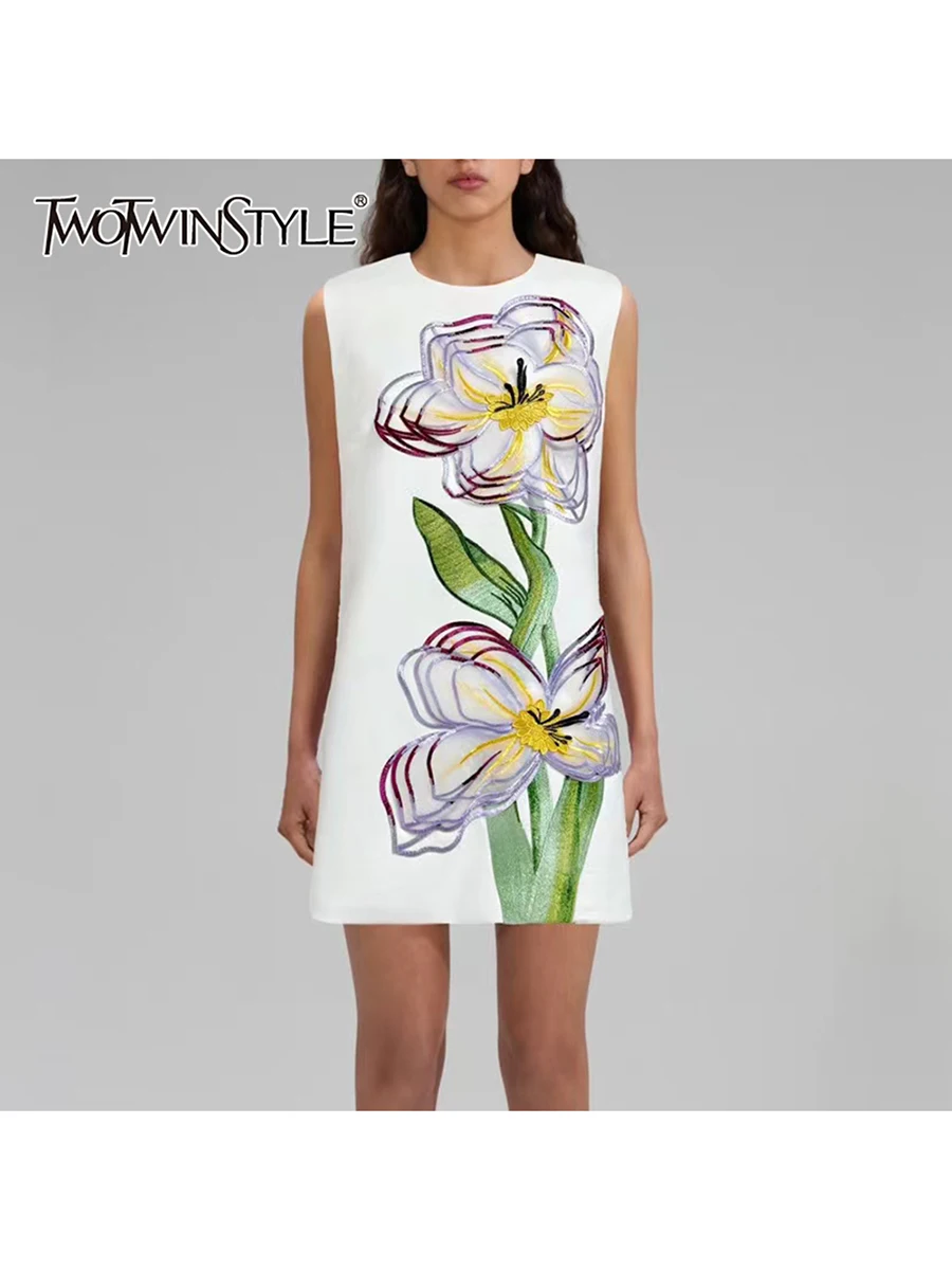 TWOTWINSTYLE, vestidos adelgazantes de colores empalmados con diamantes para mujer, minivestido sin mangas con cuello redondo y cintura alta con temperamento para mujer