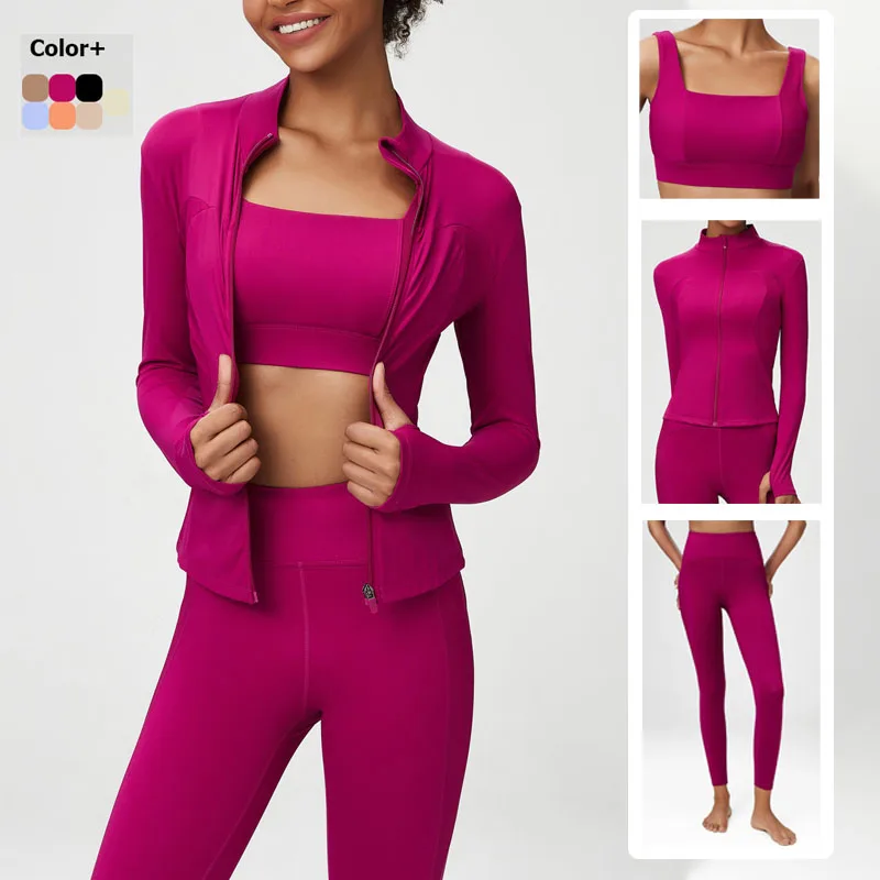 Conjunto de Yoga y Fitness para mujer, traje atlético elástico de Color sólido, sujetador Sexy, chaqueta con cremallera, mallas de cintura alta, ropa deportiva femenina, 2/3 piezas