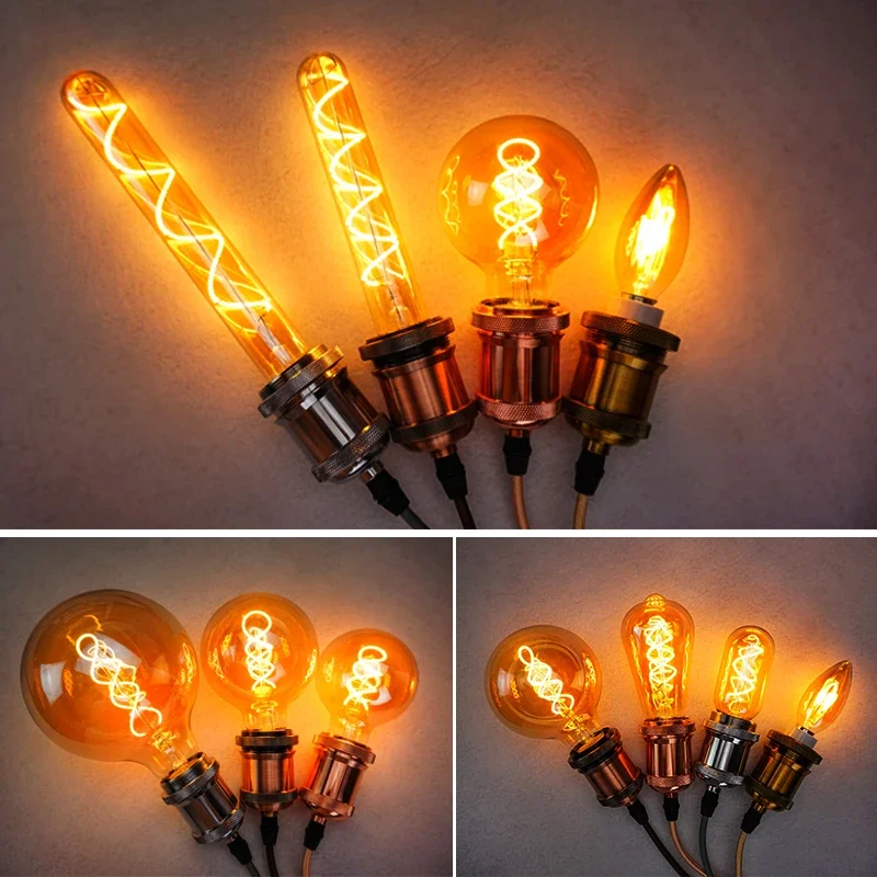Bombilla LED de Filamento Espiral Retro A60 C35 ST64 T45 G80 G95 G125 T1225 4W E27 220V Regulable, Lámpara Edison 2200K Luz LED Amarilla Cálida