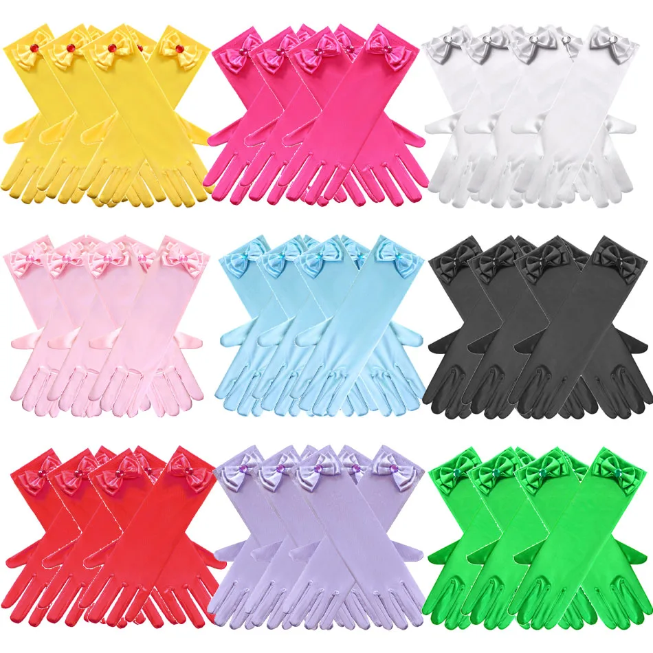 Venta al por mayor, 10 par/lote, guantes largos de princesa para niñas, juego de dedos para fiesta de cumpleaños, boda, Elsa, Anna, Bella, Sofía, accesorios, manopla