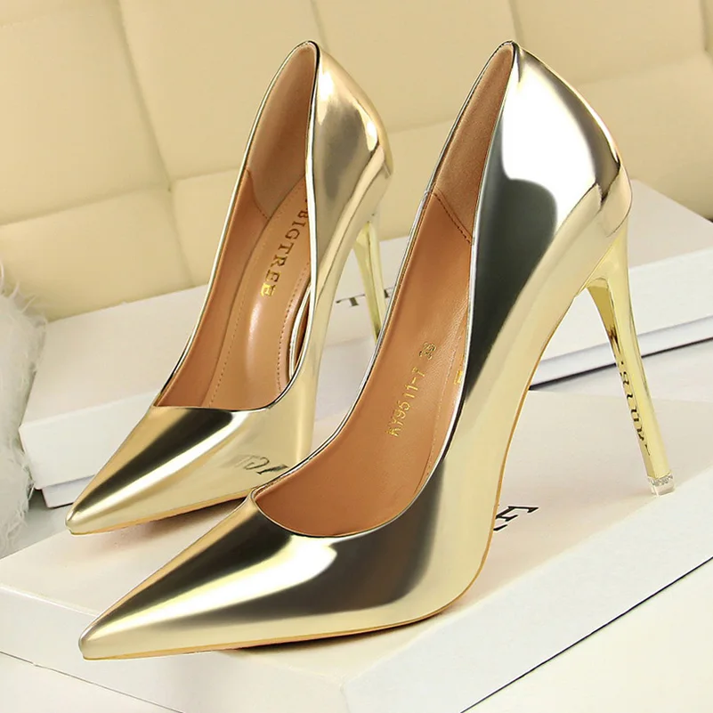 Zapatos de tacón de charol para mujer, tacones altos de 7,5 cm y 10,5 cm, tacones bajos de aguja para mujer, zapatos brillantes plateados y dorados para boda y novia