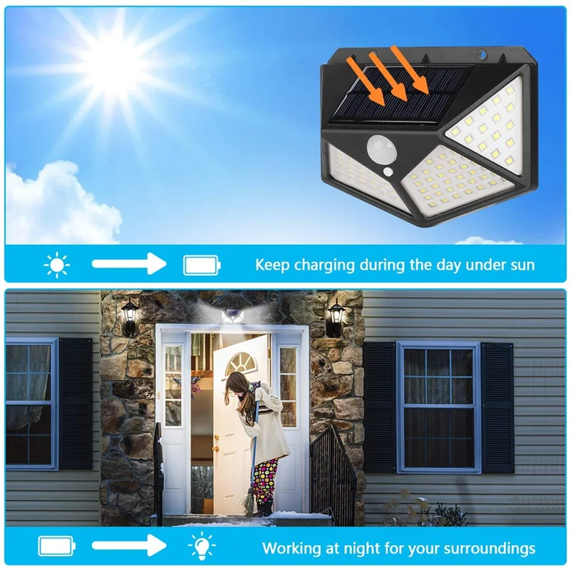 Paquete de 1-12 luces solares para exteriores, lámpara de pared de 100 LED, luces con Sensor de movimiento, farola Solar impermeable para jardín, porche, patio, garaje