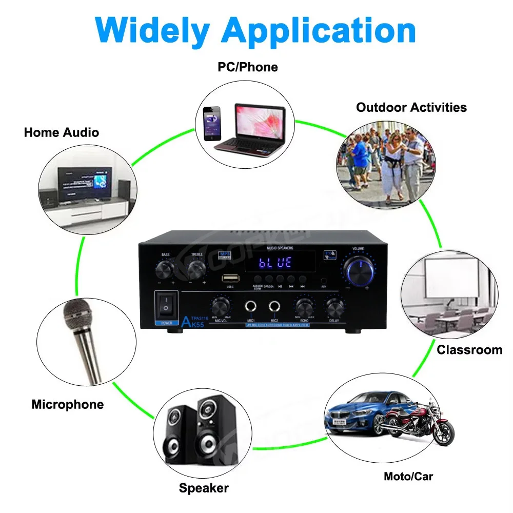 Amplificador Digital Woopker AK35/AK45 Pro/AK55, Amplificador de Sonido Bluetooth de 2 Canales HIFi FM USB para Casa, Auto y Karaoke