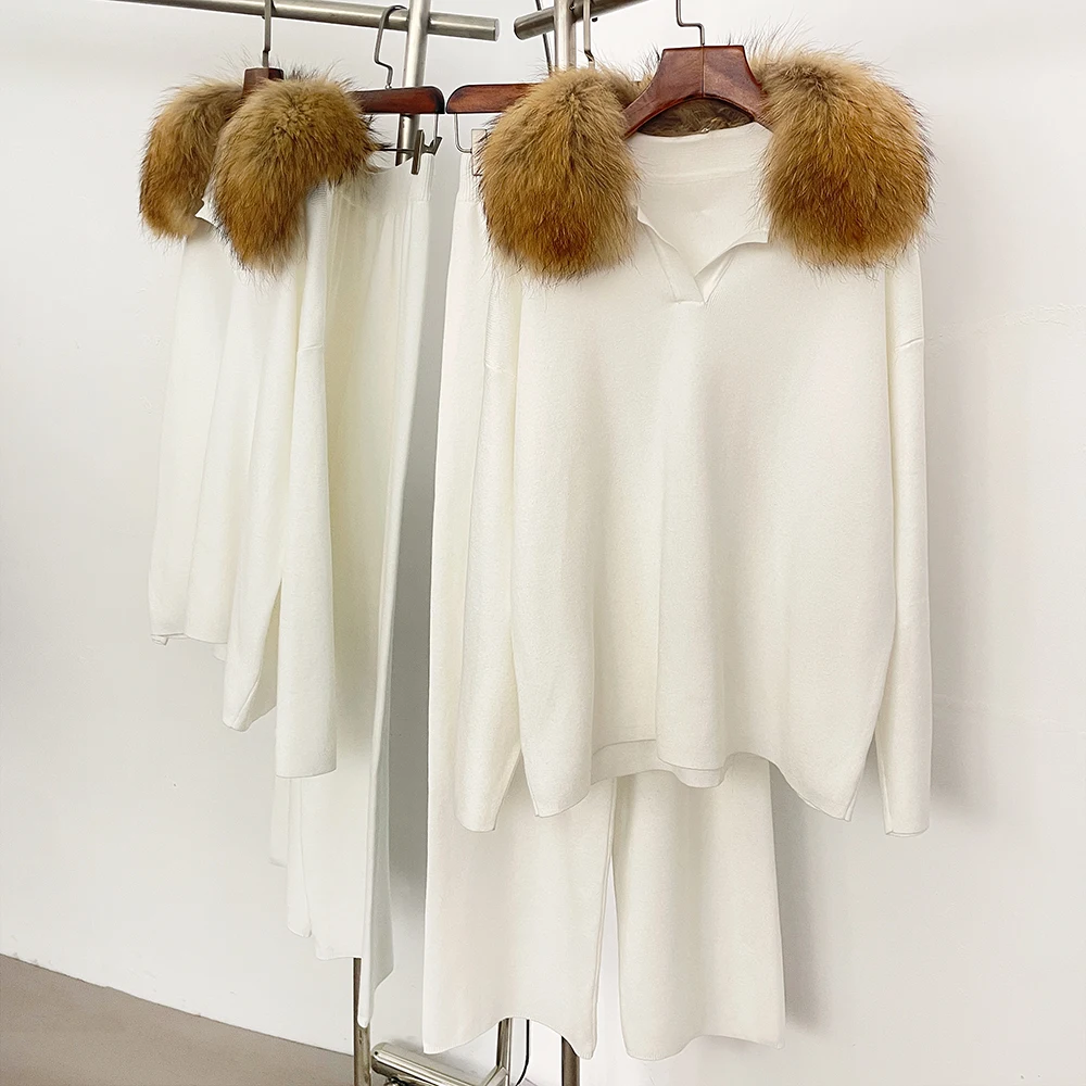 Conjunto de Jersey y chaqueta de piel de realidad para mujer, traje de punto para primavera, suéter con cuello de piel de zorro Real para mujer, tejido de otoño nuevo