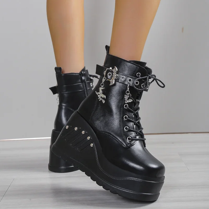 Botas nuevas para mujer, moda 20224, gran oferta, tacones de plataforma góticos Punk, botas de cuña para mujer, zapatos informales góticos Punk talla 43 para mujer