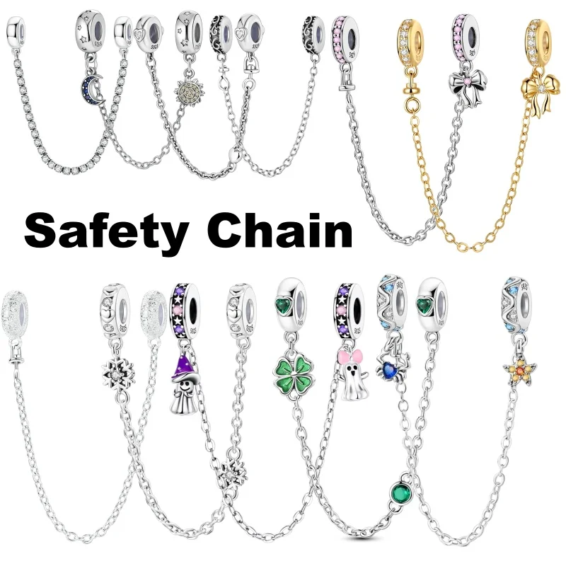 Dijes de seguridad de plata de ley 925: copos de nieve, estrellas, luna, corazón, lazo. Compatibles con pulseras originales. Joyería DIY. Regalo de Halloween para mujer.
