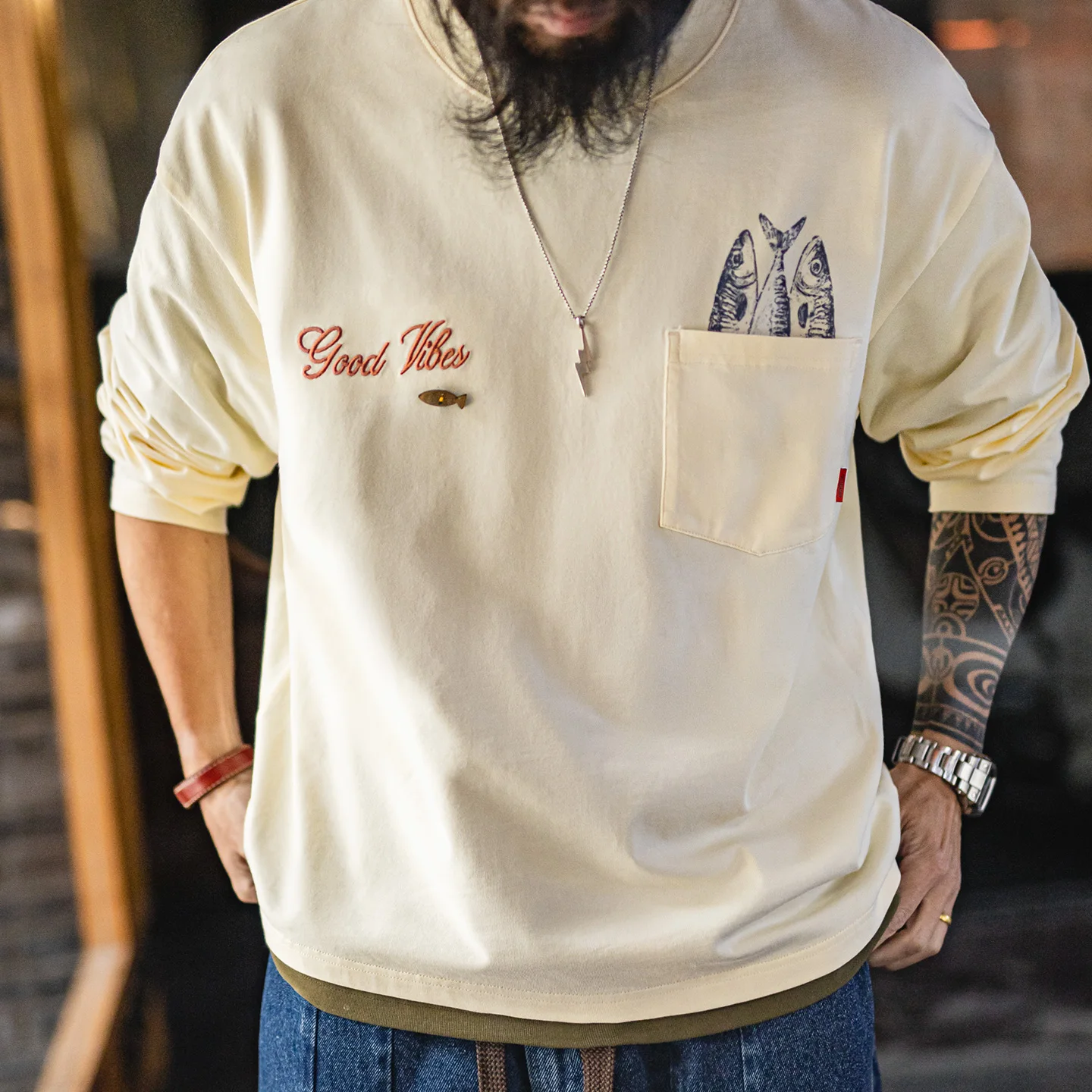 Camiseta de manga larga con estampado de peces de algodón para hombre de Maden, con bolsillo, cuello redondo, ajuste holgado, informal, suave, para primavera y otoño