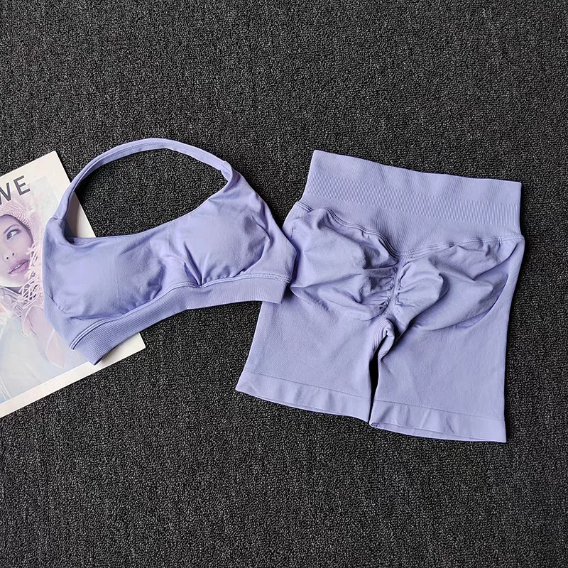 Conjunto de Yoga de 2 Piezas para Mujer, Ropa Deportiva sin Costuras para Gimnasio, Sujetador Deportivo Halter con Shorts a Juego, Conjuntos de Entrenamiento