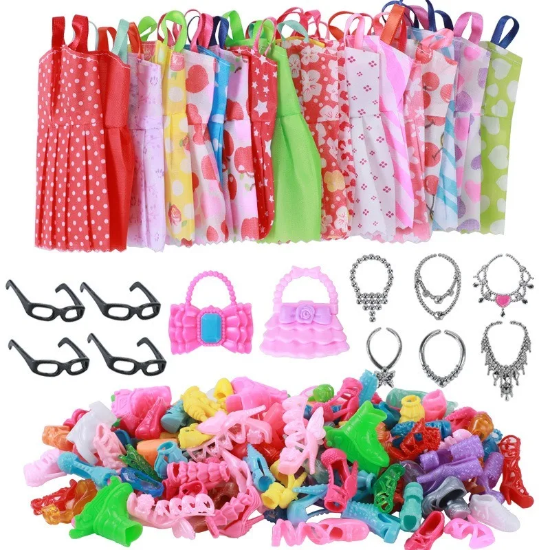 32 piezas de ropa y accesorios aleatorios para muñecas, 10 piezas de vestidos de moda 22 piezas de zapatos, gafas, collares, bolso para muñeca Barbie
