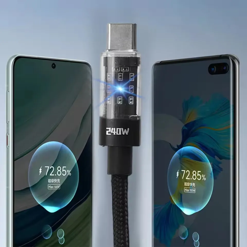 Cable de nailon de 240W, Cable de carga súper rápido USB tipo C para Samsung, Xiaomi, Huawei, Honor, pantalla Digital LED, Cable de datos de cargador rápido