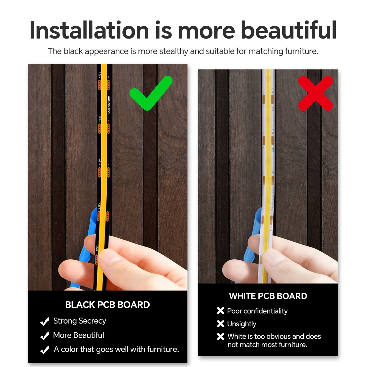 Tira de luces LED COB de madera Penetrable inteligente, Sensor táctil, 1-6 Uds., 1-3m, PCB negro, gabinete integrado, retroiluminación de pared de TV, luces paralelas
