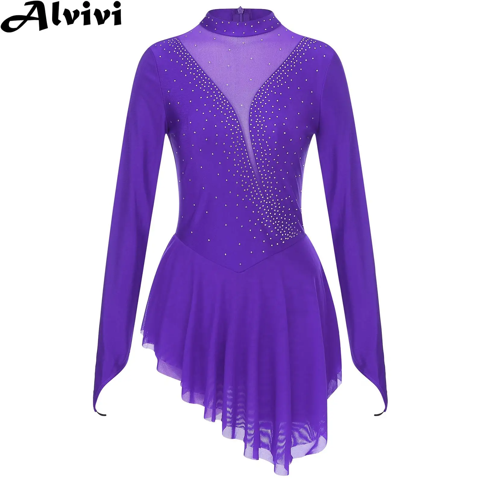 Vestido de leotardo de gimnasia para patinaje sobre hielo para mujer, traje de Ballet de danza lírica, Ropa de baile de malla transparente con diamantes de imitación brillantes de manga larga